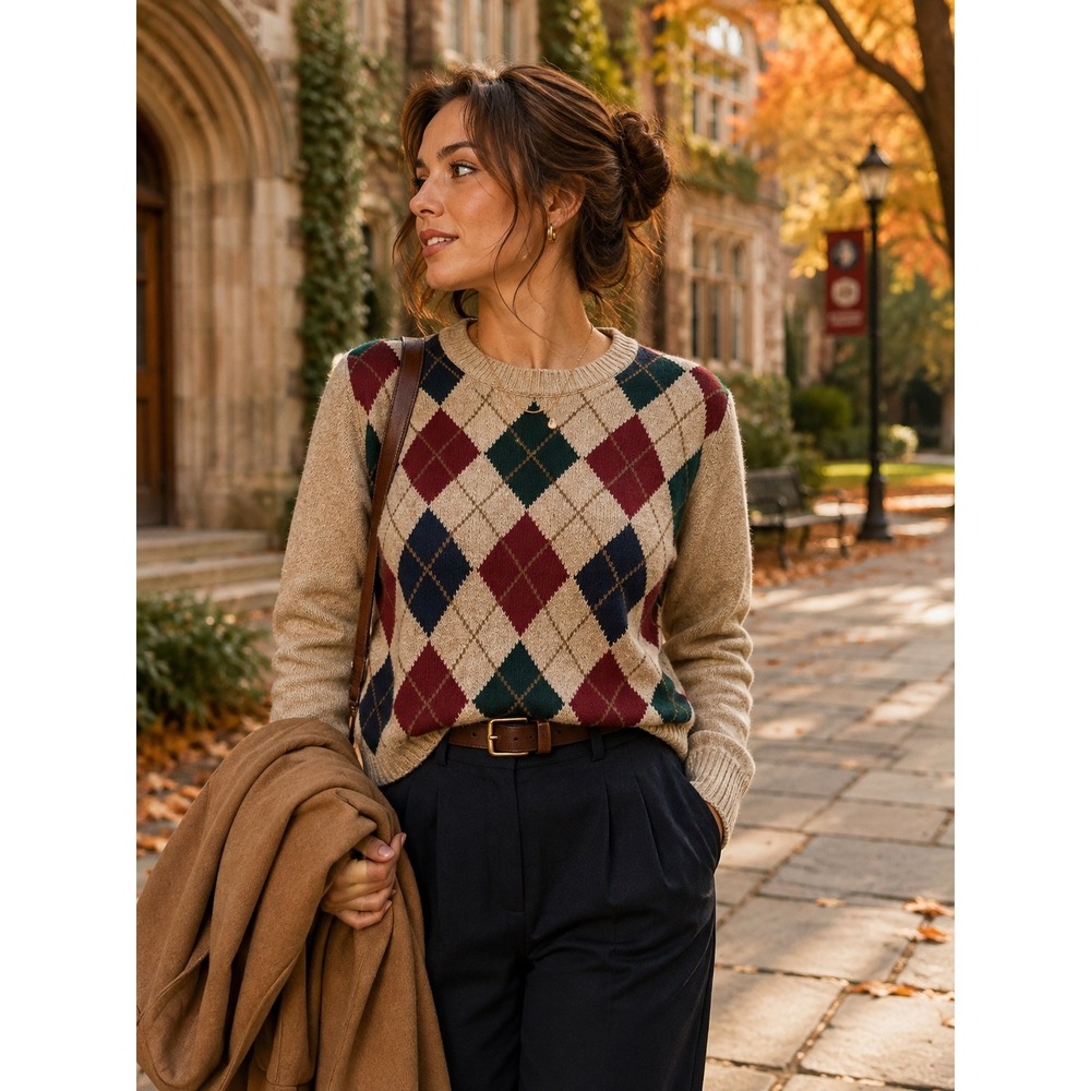 Lizsport Argyle Sweater Women Large Beige Burgundy Green Navy Cotton Preppy Golf